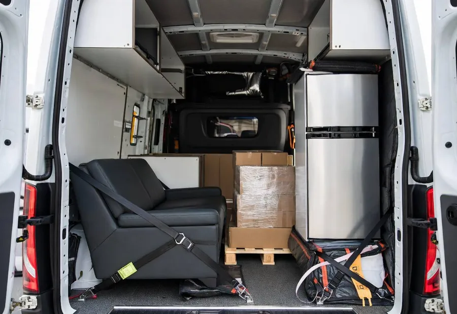 Furniture and appliances secured inside a van